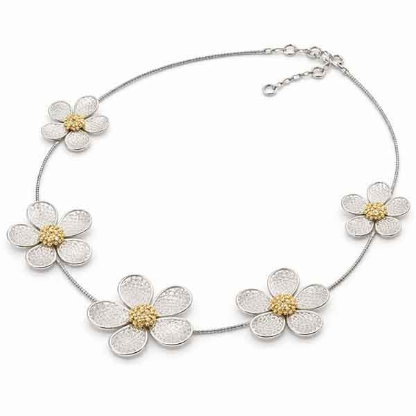 Collar corto con flores de metal en composición editorial sobre fondo blanco