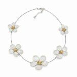 Collar corto con flores de metal en tonos plata y oro sobre fondo blanco