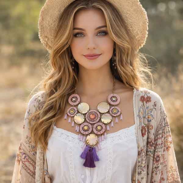 Modelo luciendo collar rosa boho con piezas circulares y flecos