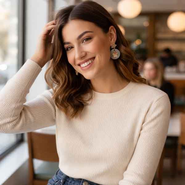 Pendientes artesanales de estrellas puestos en modelo con jersey claro