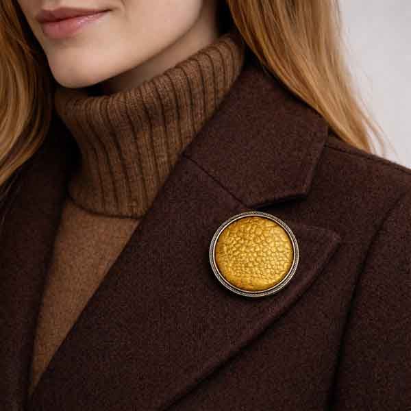 Broche artesanal único Camafeo Tierra en la solapa de un abrigo marrón de mujer
