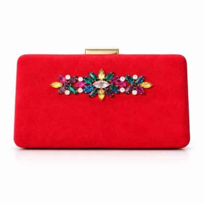 Clutch rojo con cristales multicolor en ante modelo Rubí Imperial