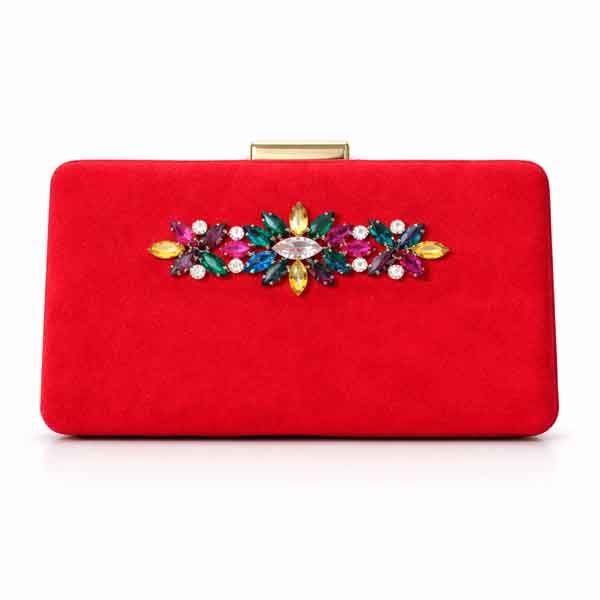 Clutch Rubí Imperial rojo con cristales para invitadas Clutch rojo con cristales multicolor en ante modelo Rubí Imperial