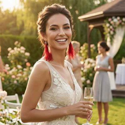 Modelo luciendo pendientes de plumas Mahi rojos de Turquesa y Más en un evento al aire libre