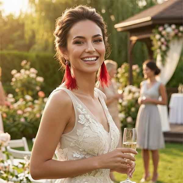 Modelo luciendo pendientes de plumas Mahi rojos de Turquesa y Más en un evento al aire libre