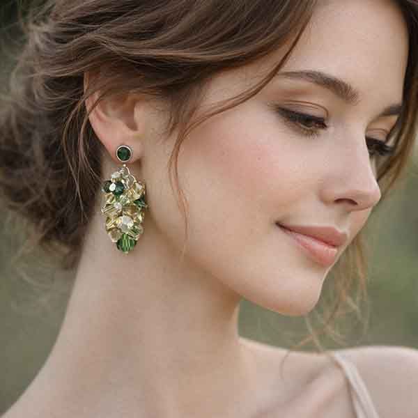 Pendientes Swarovski racimo artesanales en tonos verdes y amarillos llevados por modelo