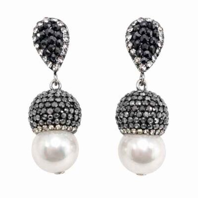 Pendientes de perla y cristales gris marquesita con diseño joya