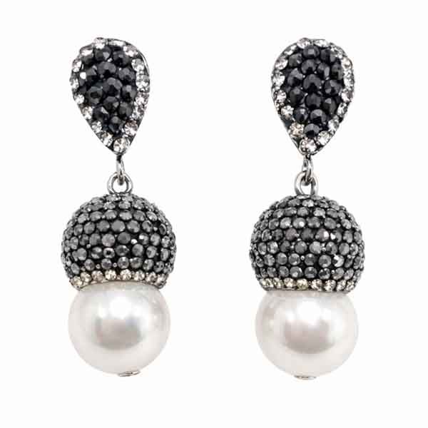 Pendientes de perla y cristales gris marquesita con diseño joya