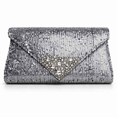 Clutch lentejuela plata plomo modelo Anais tipo sobre con detalle triangular en plata vieja y cristal