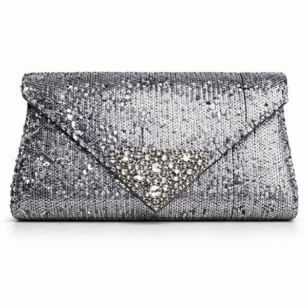 Clutch lentejuela plata plomo modelo Anais tipo sobre con detalle triangular en plata vieja y cristal