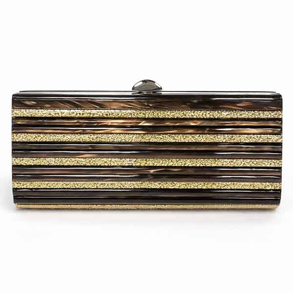 Bolso Berta marrón chocolate y dorado – Clutch de fiesta Bolso de fiesta marrón y dorado modelo Berta con cierre click plateado