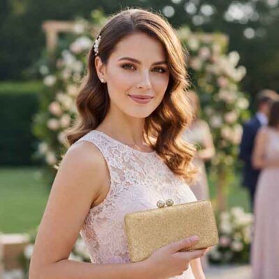 Clutch rígido oro rosa modelo Paulina llevado por invitada en boda de día al aire libre