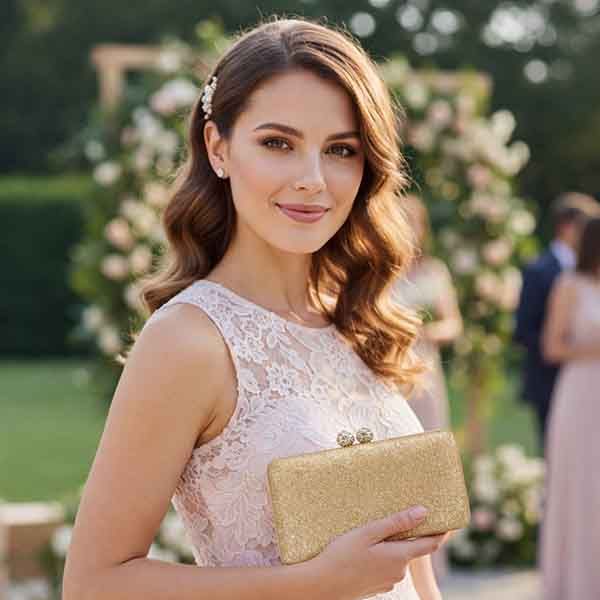 Clutch rígido oro rosa modelo Paulina llevado por invitada en boda de día al aire libre