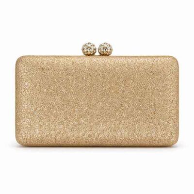 Clutch rígido oro rosa brillante modelo Paulina con cierre de doble bola de cristales
