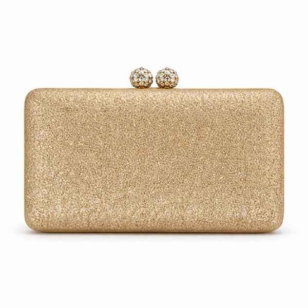 Clutch rígido oro rosa brillante modelo Paulina con cierre de doble bola de cristales