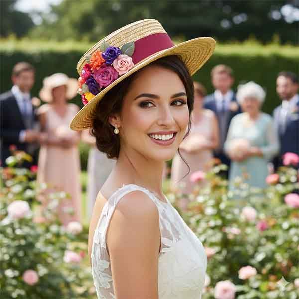 Modelo luciendo canotier de paja con flores artesanales multicolor en boda al aire libre, tocado elegante para invitada