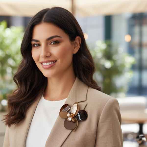 Broche flor en tonos camel y marrón colocado en la solapa de una chaqueta beige