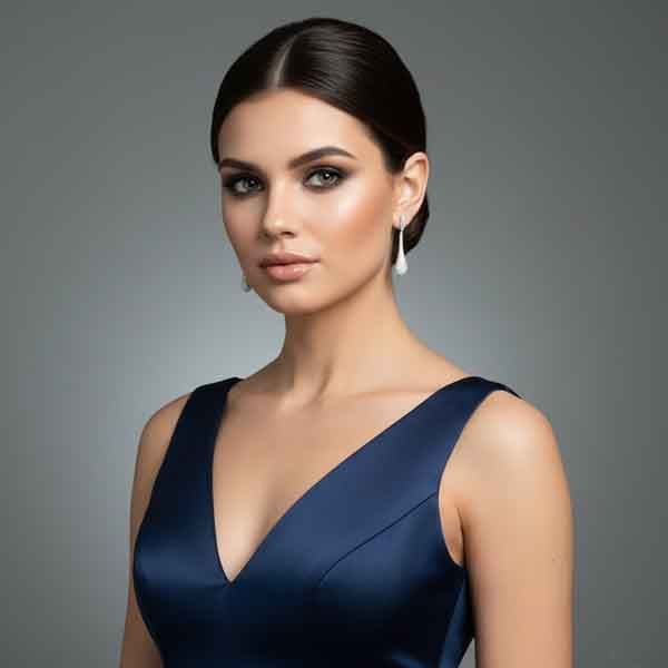 Modelo con vestido azul luciendo los Pendientes Genoveva de plata con circonitas