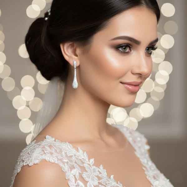 Modelo luciendo los Pendientes Genoveva de plata de ley con circonitas en look de novia
