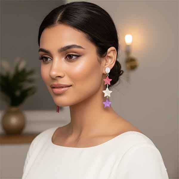 Pendientes Amelia de estrellas en nácar de colores con cabezal de plata de ley puestos en modelo