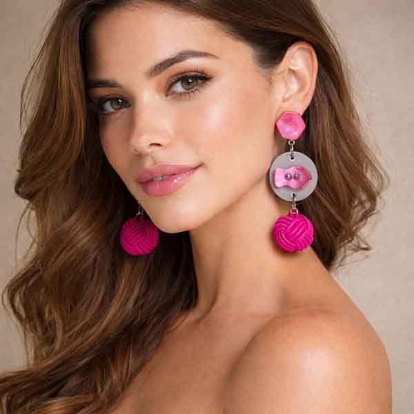 Modelo luciendo pendientes Gabriela artesanales fucsia hechos a mano con bola trenzada