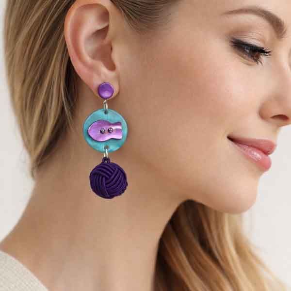 Pendientes Gabriela artesanales de nácar y Swarovski con bola de hilo violeta, diseño propio Turquesa y Más
