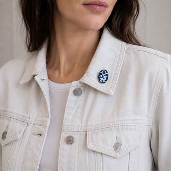Broche Ejeánica pintado a mano colocado en la solapa de una cazadora vaquera blanca.