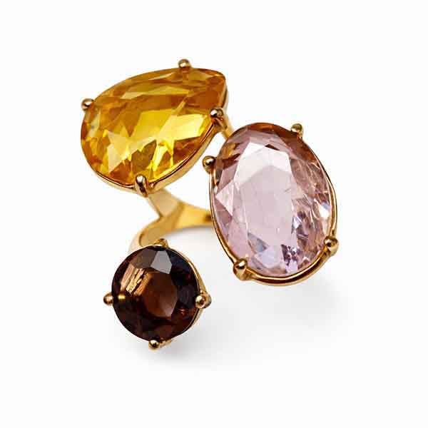 Anillo Aura dorado con cristales facetados en rosa, amarillo y marrón