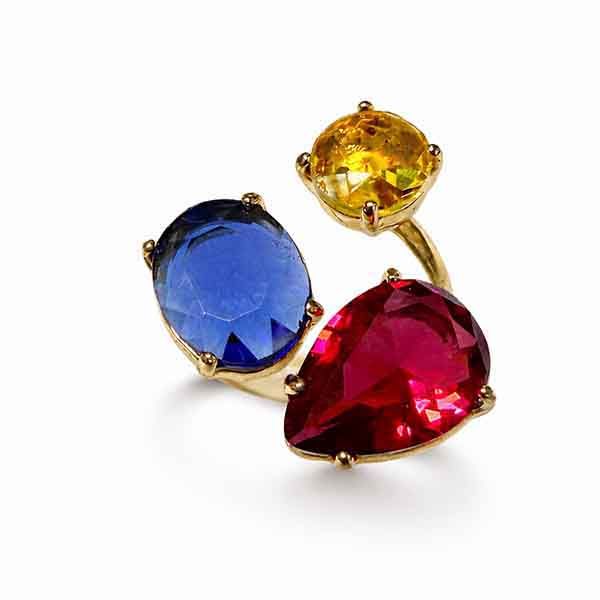 Anillo Aura dorado con cristales de colores Anillo Aura dorado con cristales facetados en azul, amarillo y rosa