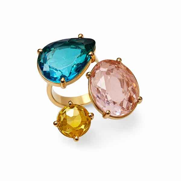 Anillo Aura dorado con cristales facetados en turquesa, amarillo y rosa