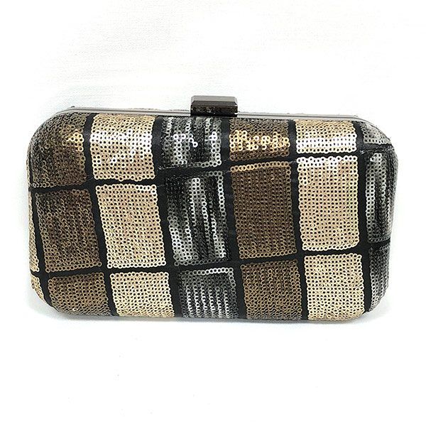 Bolso de Fiesta Dorado y Negro Geométrico Bolso de fiesta rígido en tonos dorado y negro con diseño geométrico y cierre metálico
