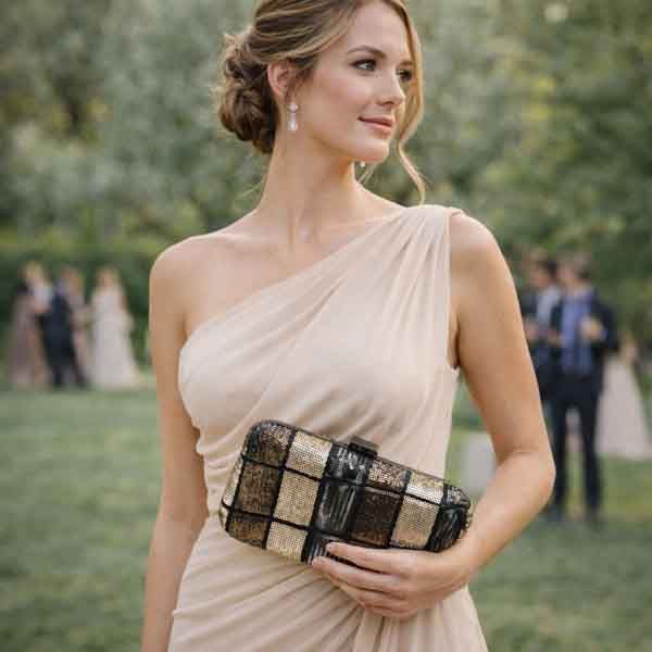 Bolso de fiesta negro con lentejuelas oro viejo combinado con vestido beige de invitada