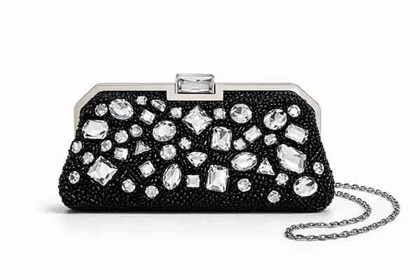 Bolso joya negro modelo Lille con piedras negras y cristal sobre fondo blanco