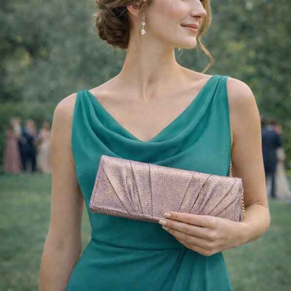 Cartera Rennes lila con reflejos dorados combinada con vestido verde elegante de fiesta