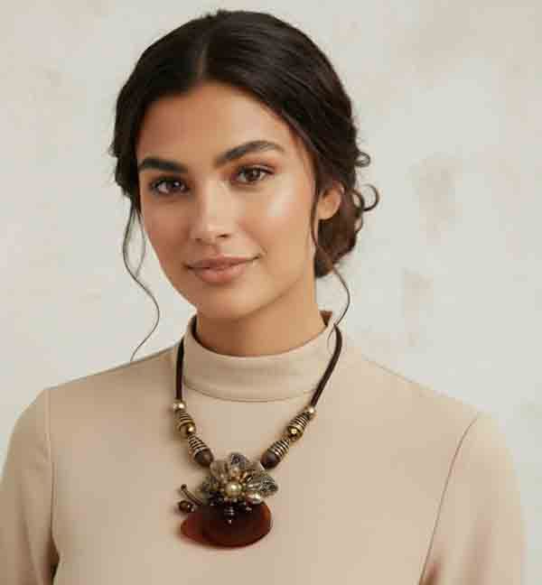 Mujer con collar Alicia marrón y dorado con piedra en forma de media luna y flor de bolas facetadas, sobre jersey beige.