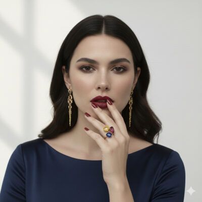 Anillo Aura dorado con cristales facetados de color puesto en modelo