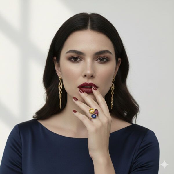 Anillo Aura dorado con cristales facetados de color puesto en modelo