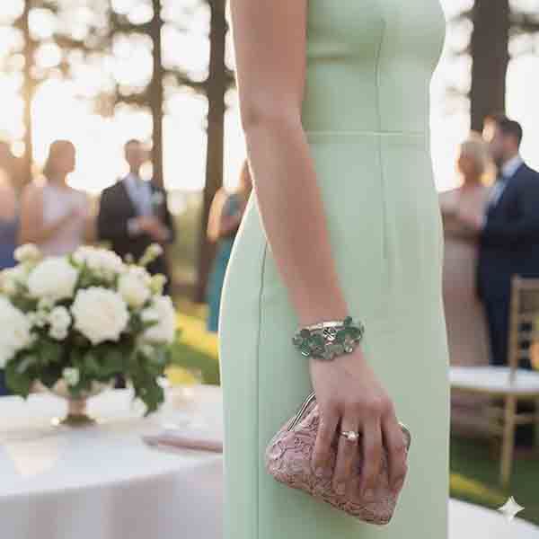 Mujer con vestido verde claro luciendo el brazalete Estigia verde con diseño de hojas plateadas y textura brillante en un evento al aire libre.