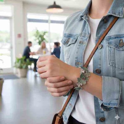 Mujer con chaqueta vaquera y bolso cruzado luciendo el brazalete Estigia verde con diseño de hojas en tonos verdes y plateados.