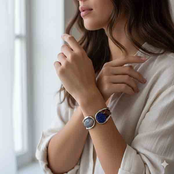 Mujer luciendo la pulsera Estigia piedras de metal plateado con tres piedras en tonos gris, azul y caramelo, combinada con una camisa de lino clara.
