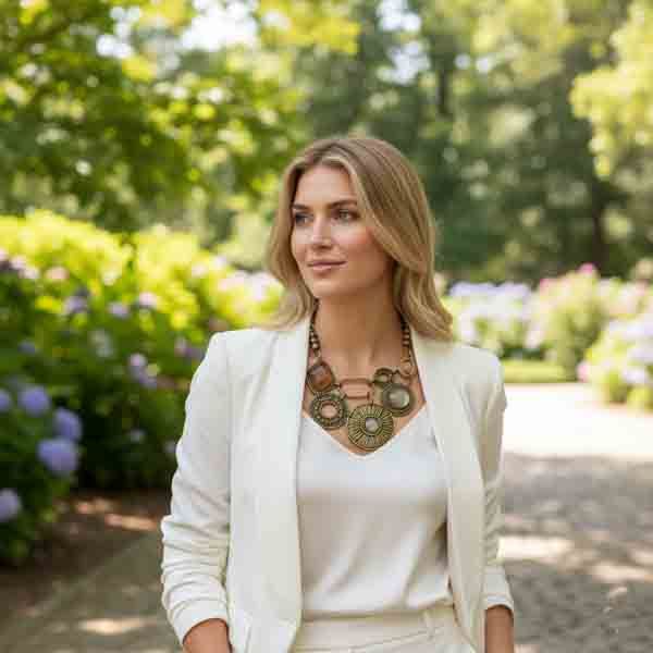 Mujer con el Collar Tique de bisutería en tonos oro viejo y marrón, combinando con conjunto blanco elegante en un entorno natural.