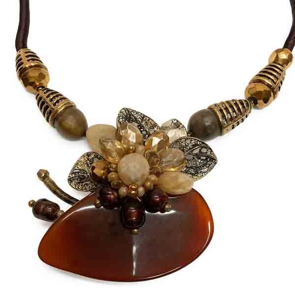 Collar Alicia marrón y dorado con piedra pulida en forma de media luna y flor de bolas facetadas doradas – Turquesa y Más