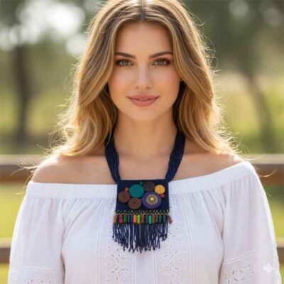 Modelo luciendo el collar Selene azul marino boho con colgante de ante y flecos