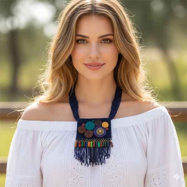 Modelo luciendo el collar Selene azul marino boho con colgante de ante y flecos