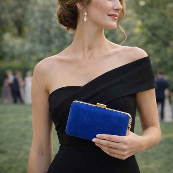 Bolso Kay azul klein en antelina llevado por modelo con vestido negro de fiesta