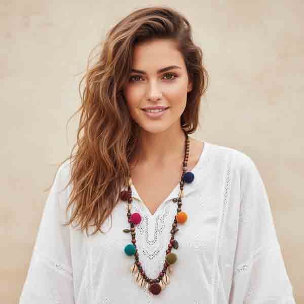 Mujer con el Collar Alexis Pompones, un diseño artesanal con bolas de madera, pompones de lana y conchas naturales, combinado con blusa blanca boho.