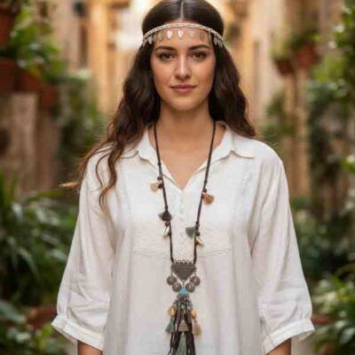 Mujer con blusa blanca estilo boho lleva el Collar Amadeo en ante marrón con colgantes, borlas y cuentas de colores.