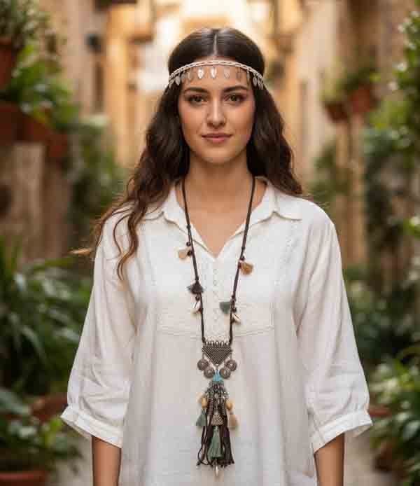Mujer con blusa blanca estilo boho lleva el Collar Amadeo en ante marrón con colgantes, borlas y cuentas de colores.