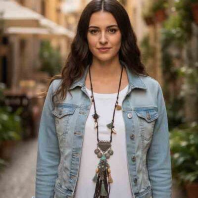 Mujer con chaqueta vaquera y blusa blanca luce el Collar Amadeo en ante marrón con colgantes plateados y borla central boho.
