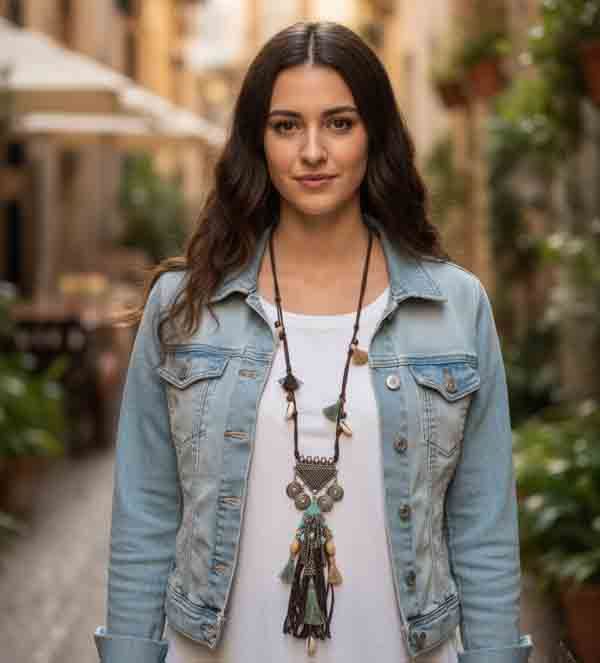 Mujer con chaqueta vaquera y blusa blanca luce el Collar Amadeo en ante marrón con colgantes plateados y borla central boho.